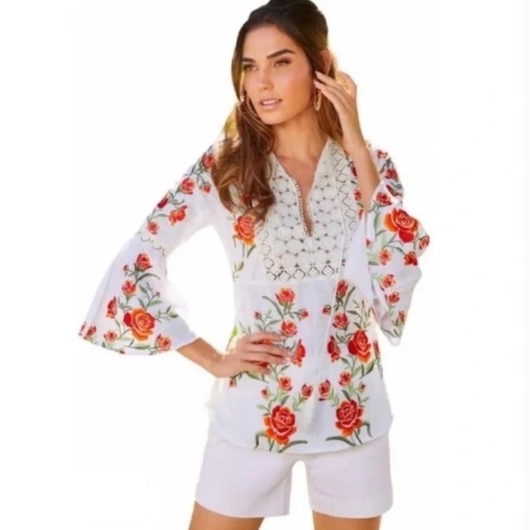 Boston Proper Embroidery Floral Bell Sleeve Linen Blouse White Orange Medium - Picture 2 of 16